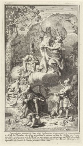 Allegorical title page with the writer Jean de La Fontaine and his muse