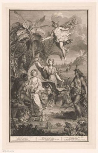 Allegorical representation with the personifications of Asia, Africa, and America; Mercury hovers in the sky