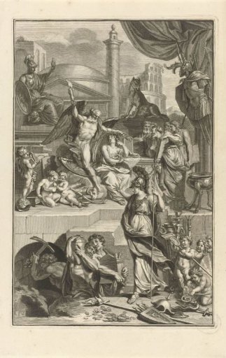 Allegorical representation with History, Father Time, and Minerva