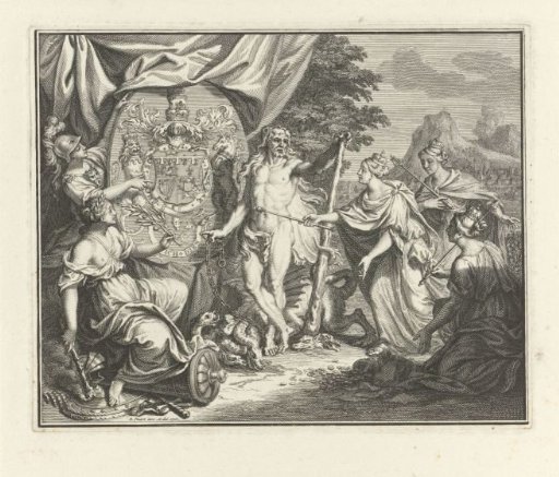 Allegorical representation with the coat of arms of Wales