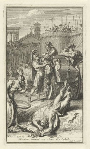 Achilles with the corpse of Hector behind his chariot of victory