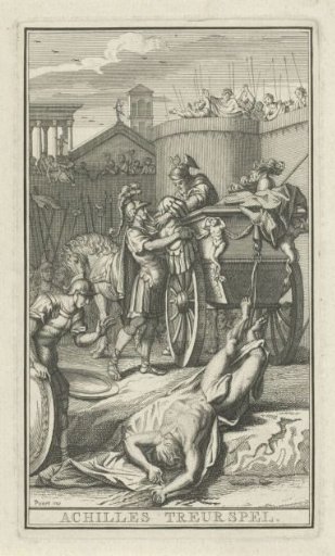 Achilles with the corpse of Hector behind his chariot of victory