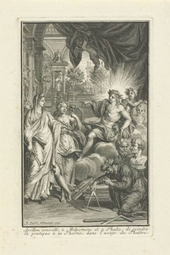 Apollo speaking with Melpomene and Thalia