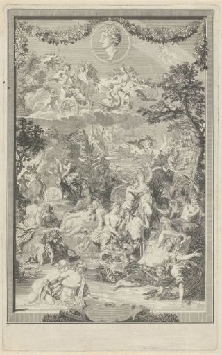 Allegorical title page with various scenes from Ovid's Metamorphoses and his portrait