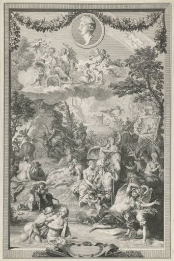Allegorical title page with various scenes from Ovid's Metamorphoses and his portrait