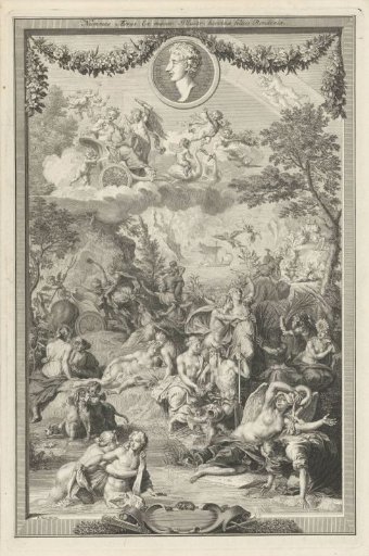 Allegorical title page with various scenes from Ovid's Metamorphoses and his portrait