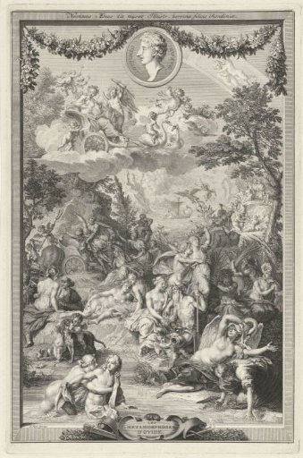 Allegorical title page with various scenes from Ovid's Metamorphoses and his portrait