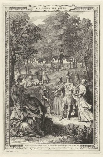 A number of deceased philosophers and writers discussing with each other