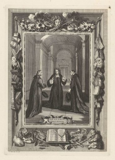 Three clergymen in a hall