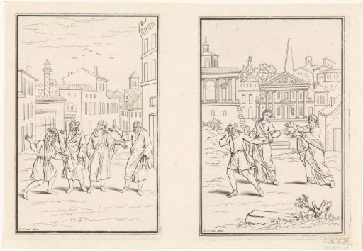 Two scenes from the comedy Adelphoe by Terence