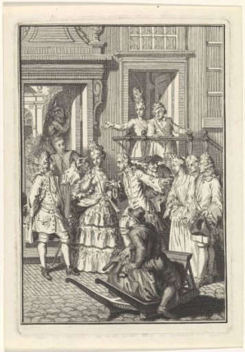 Theatrical scene from a comedy with an elegant company on the street