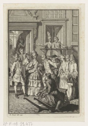 Theatrical scene from a comedy with an elegant company on the street