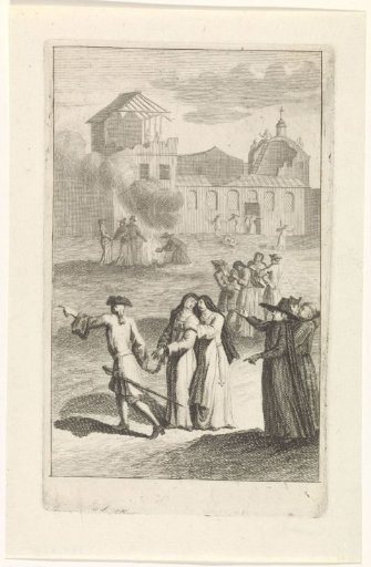 A nun is led away in chains by a soldier