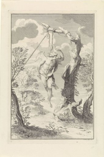 Statue of Amor hanging from a pulley in a tree