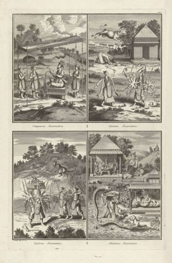 Representations of the incarnations of the Indian god Vishnu