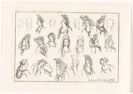 Costume study with various positions of heads and hats