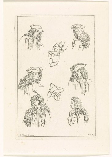Various poses of men's heads and ways of wearing a hat