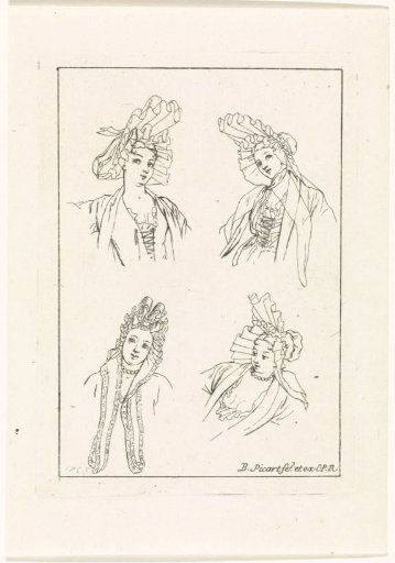 Various poses of women's heads and ways of wearing the fontange hairstyle