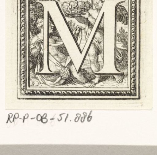 Letter M and putto with crown