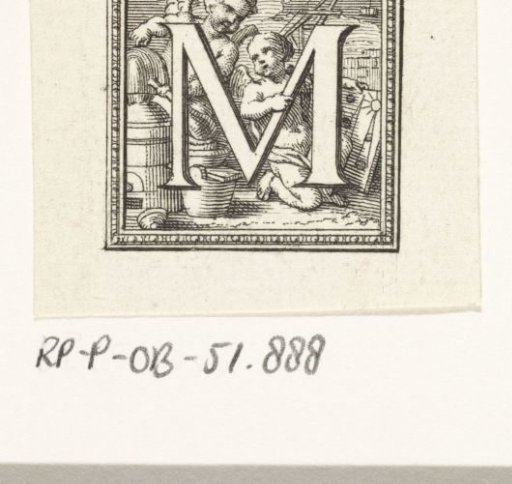 Letter M with two putti on a construction site
