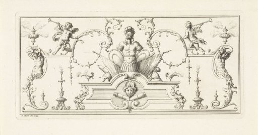 Vignette with trophies, herm figures, and leafy tendrils