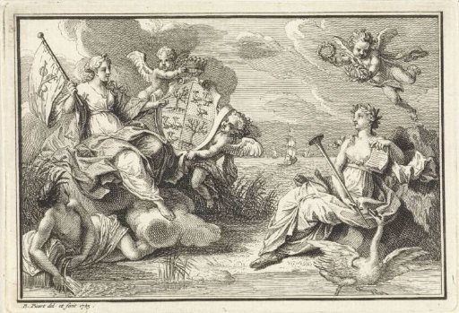 Maiden of the City with Coat of Arms, Fame, and River God