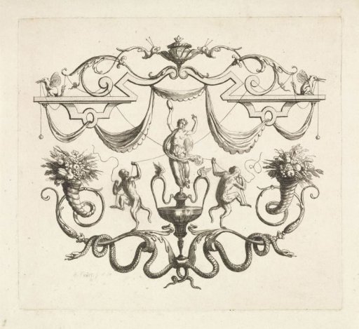 Ornament with a maenad with tambourine and two monkeys