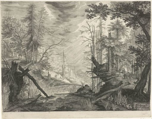 Three Hunters by a River in a Forest