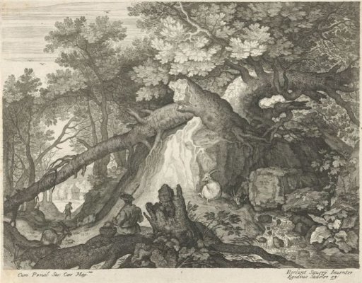 Man and Four Goats by a Waterfall