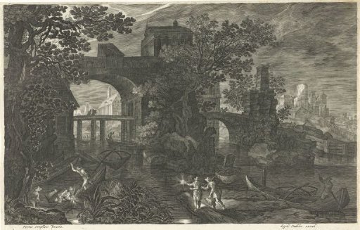 Night scene with fishermen on a river