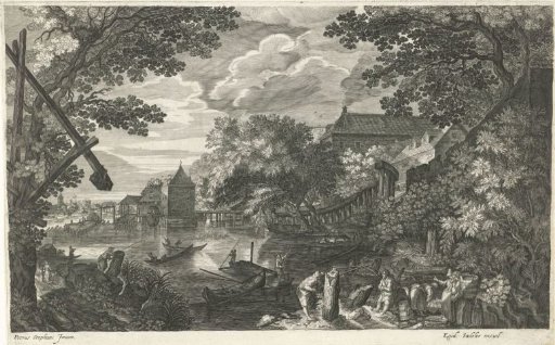 River landscape with fishermen and labourers