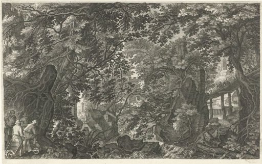 Woodland landscape with a wooden bridge