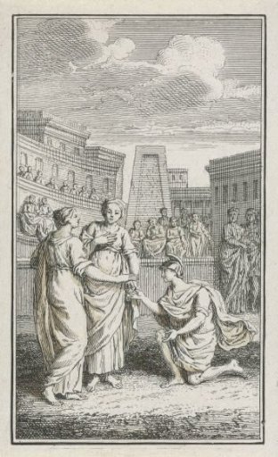 Roman soldier kneels before a woman
