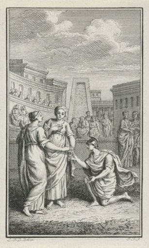 Roman soldier kneels before a woman
