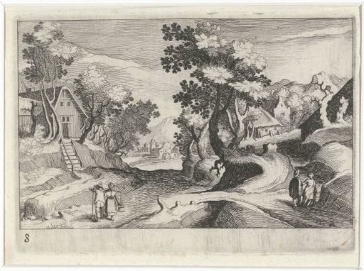Wooded hilly landscape with buildings and figures
