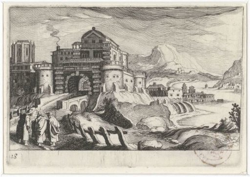 Pilgrims to Emmaus before a city gate in a mountain landscape