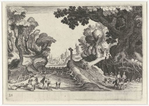Forest landscape with a cross along a path