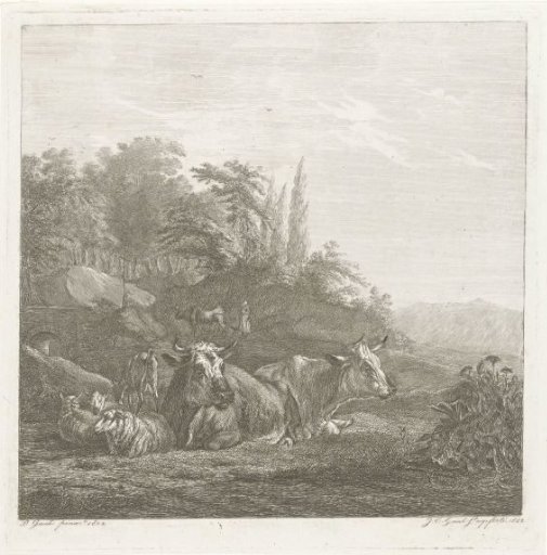 Two cows and three lying sheep by a bridge