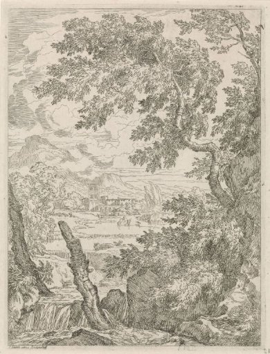 Waterfall with a tree stump