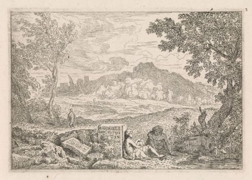 Arcadian landscape with resting travellers