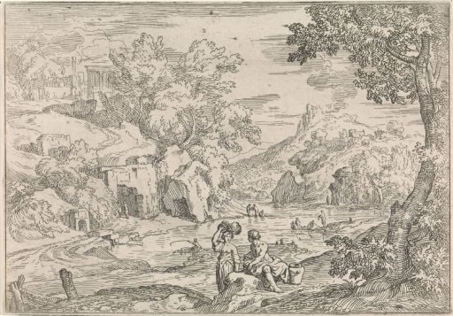 Arcadian landscape with women washing