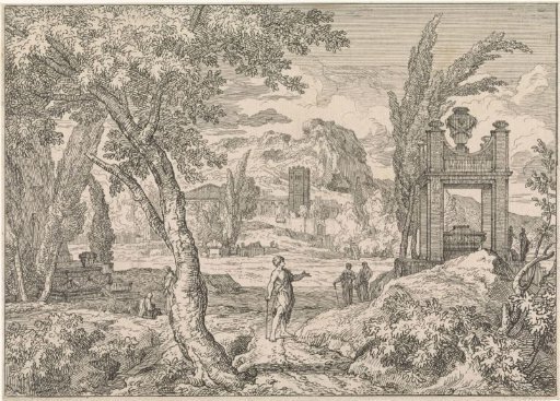 Arcadian landscape with a mausoleum