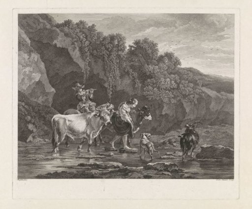Shepherds with cattle fording a river