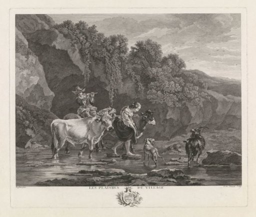 Shepherds with cattle fording a river