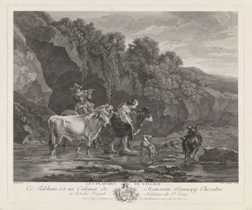 Shepherds with cattle fording a river