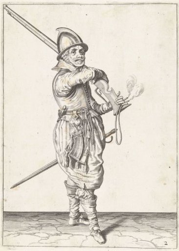 Soldier taking his arquebus from his shoulder