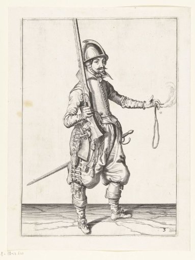 Soldier holding his arquebus upright with his right hand, his left hand open to receive the weapon