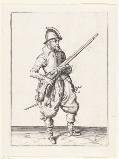Soldier holding his arquebus with his left hand at his right side