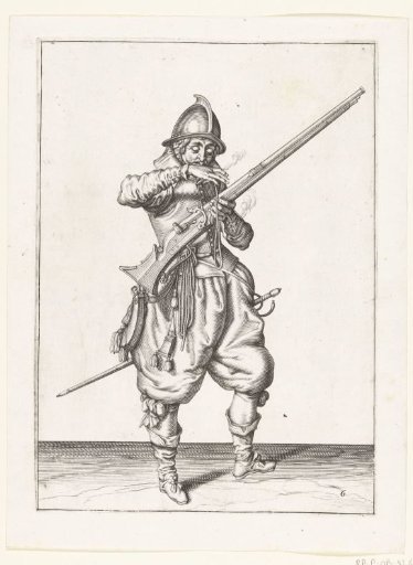 Soldier with an arquebus bringing his match to his mouth to blow it clean