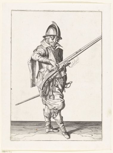 Soldier pressing his match onto the cock of his arquebus